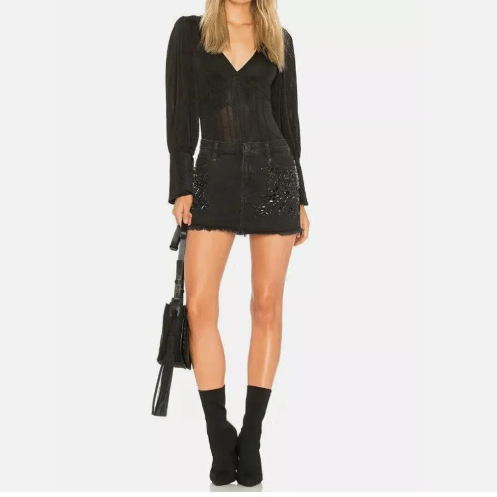 Free People Skirt 6 Black Mini Stretch Denim Crystal Beaded Frayed